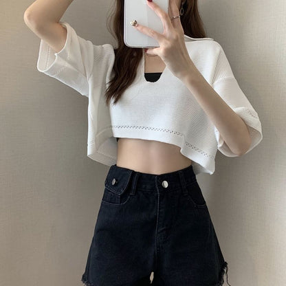 Cropped Knit Tee with V-Neck, Elbow Sleeved, Solid Color