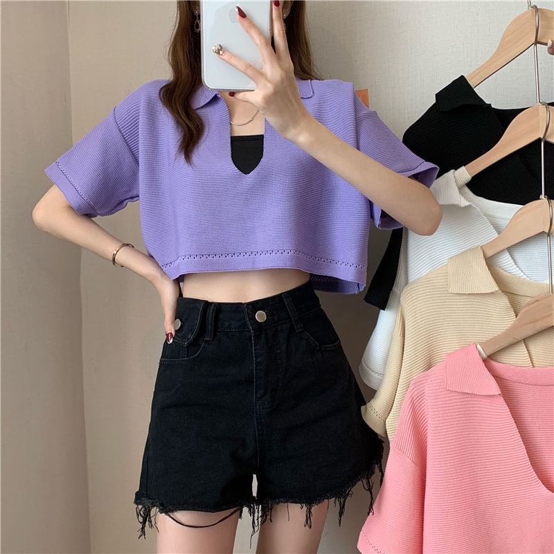 Cropped Knit Tee with V-Neck, Elbow Sleeved, Solid Color