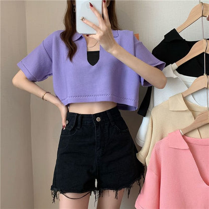 Cropped Knit Tee with V-Neck, Elbow Sleeved, Solid Color