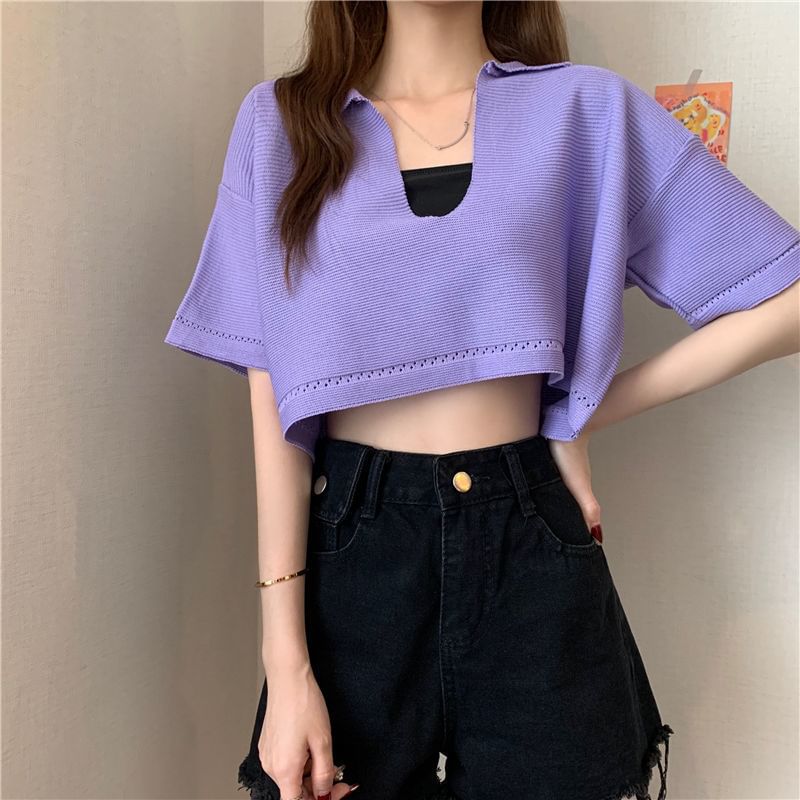 Cropped Knit Tee with V-Neck, Elbow Sleeved, Solid Color