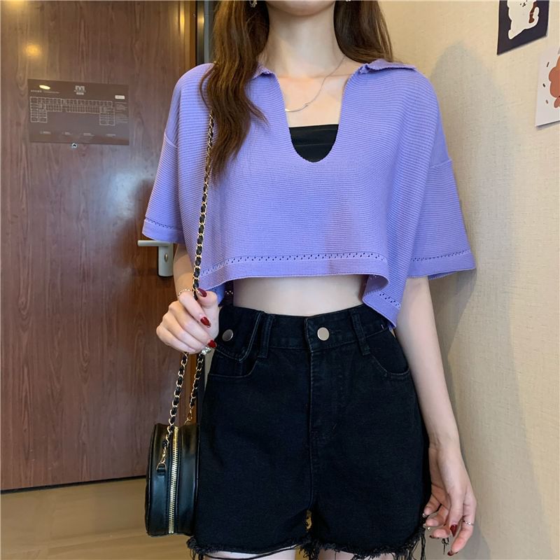 Cropped Knit Tee with V-Neck, Elbow Sleeved, Solid Color