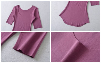 Solid Tee with Square Neckline, Elbow Sleeved, Relaxed Fit