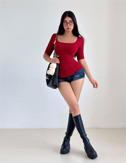 Solid Tee with Square Neckline, Elbow Sleeved, Relaxed Fit