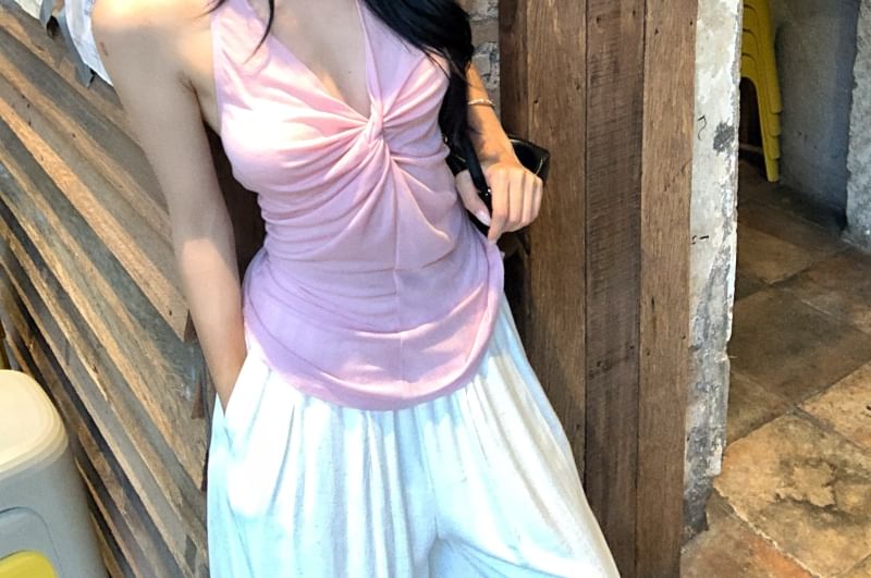 Twisted Knit Top with Halter Neck, V-Neck, Solid Color
