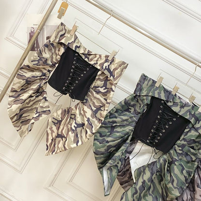 Lace-Up Top with Camo Print, Off-Shoulder, Long Sleeved