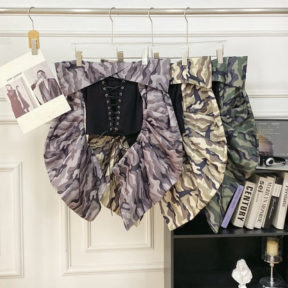 Lace-Up Top with Camo Print, Off-Shoulder, Long Sleeved