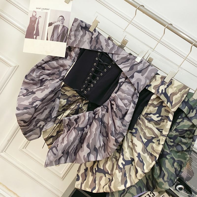 Lace-Up Top with Camo Print, Off-Shoulder, Long Sleeved