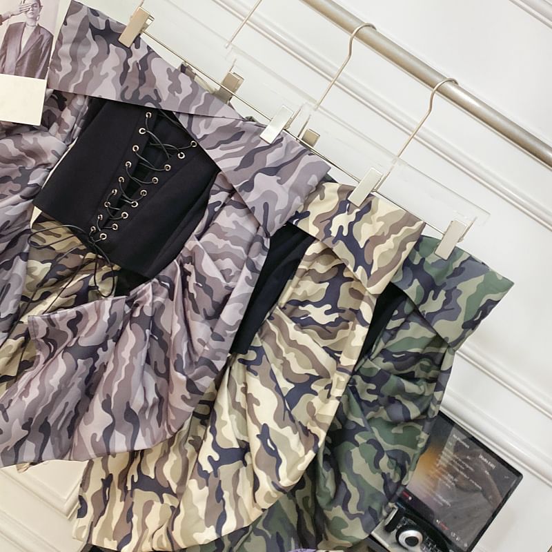 Lace-Up Top with Camo Print, Off-Shoulder, Long Sleeved