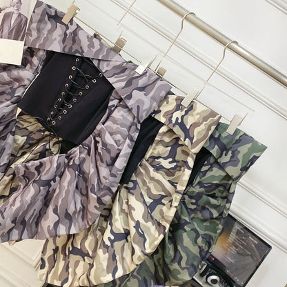 Lace-Up Top with Camo Print, Off-Shoulder, Long Sleeved