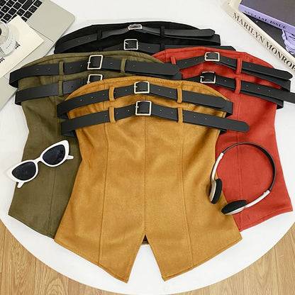 Double Buckled Tube Top with Slit, Solid Color, Fitted
