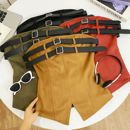 Double Buckled Tube Top with Slit, Solid Color, Fitted