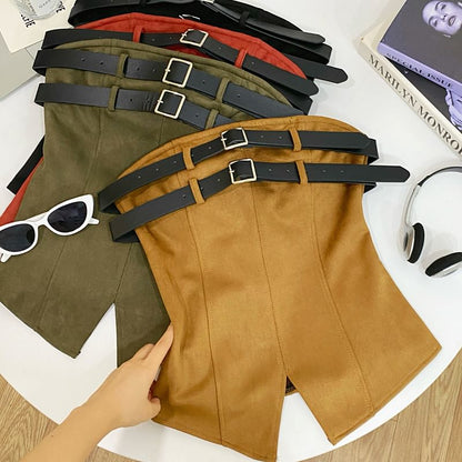 Double Buckled Tube Top with Slit, Solid Color, Fitted