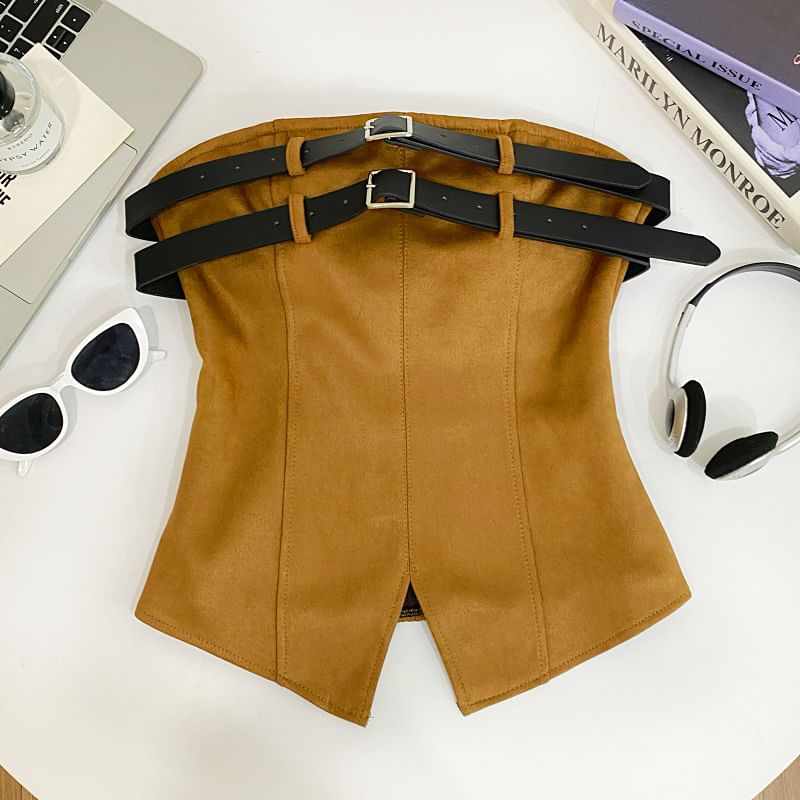 Double Buckled Tube Top with Slit, Solid Color, Fitted
