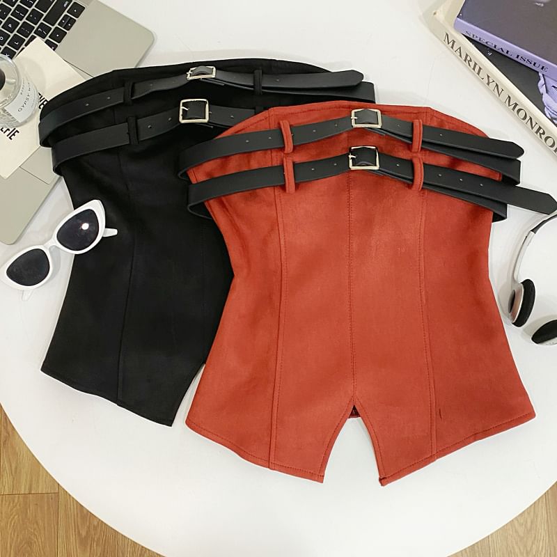 Double Buckled Tube Top with Slit, Solid Color, Fitted