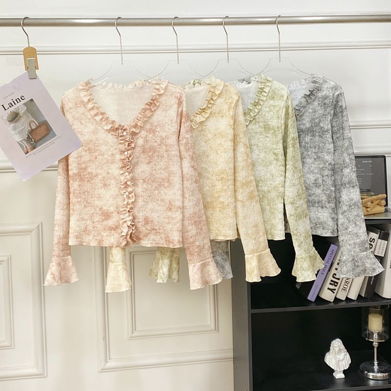 Ruffled Top with V-Neck, Tie-Dyed, Long Sleeved