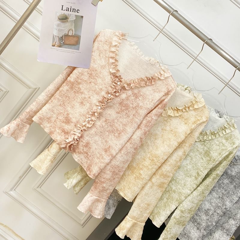 Ruffled Top with V-Neck, Tie-Dyed, Long Sleeved