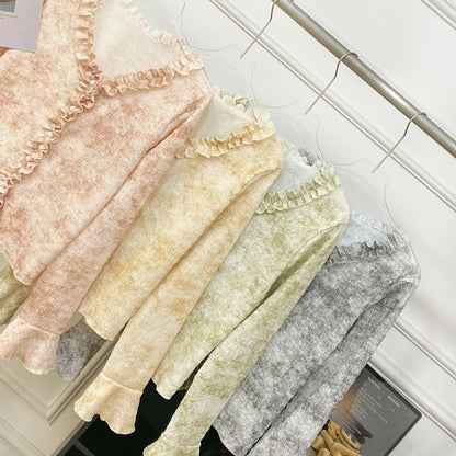 Ruffled Top with V-Neck, Tie-Dyed, Long Sleeved