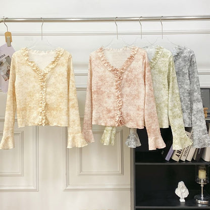 Ruffled Top with V-Neck, Tie-Dyed, Long Sleeved