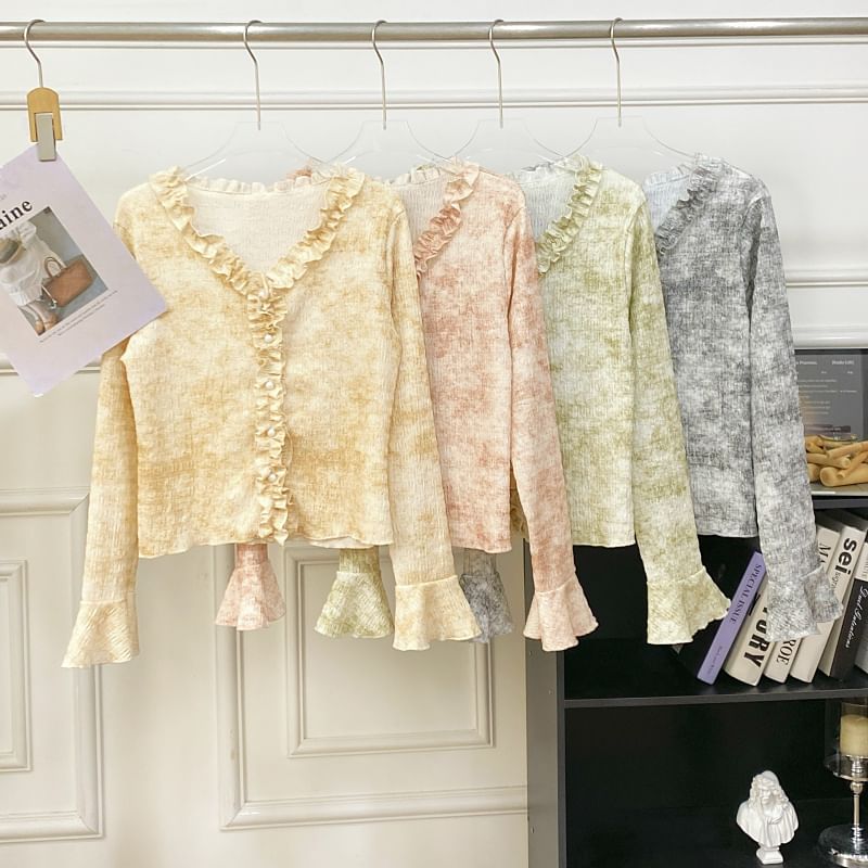 Ruffled Top with V-Neck, Tie-Dyed, Long Sleeved