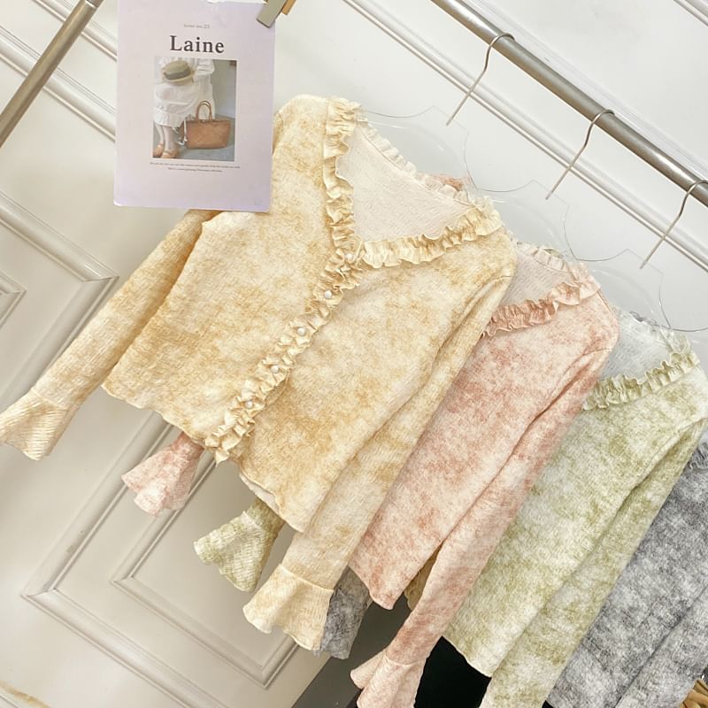 Ruffled Top with V-Neck, Tie-Dyed, Long Sleeved