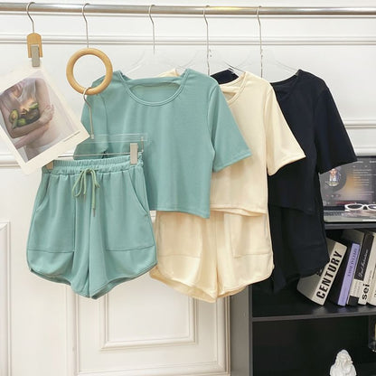 Solid Tee with Crew Neck, Short Sleeved, Drawstring Shorts Set