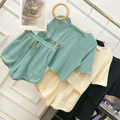 Solid Tee with Crew Neck, Short Sleeved, Drawstring Shorts Set