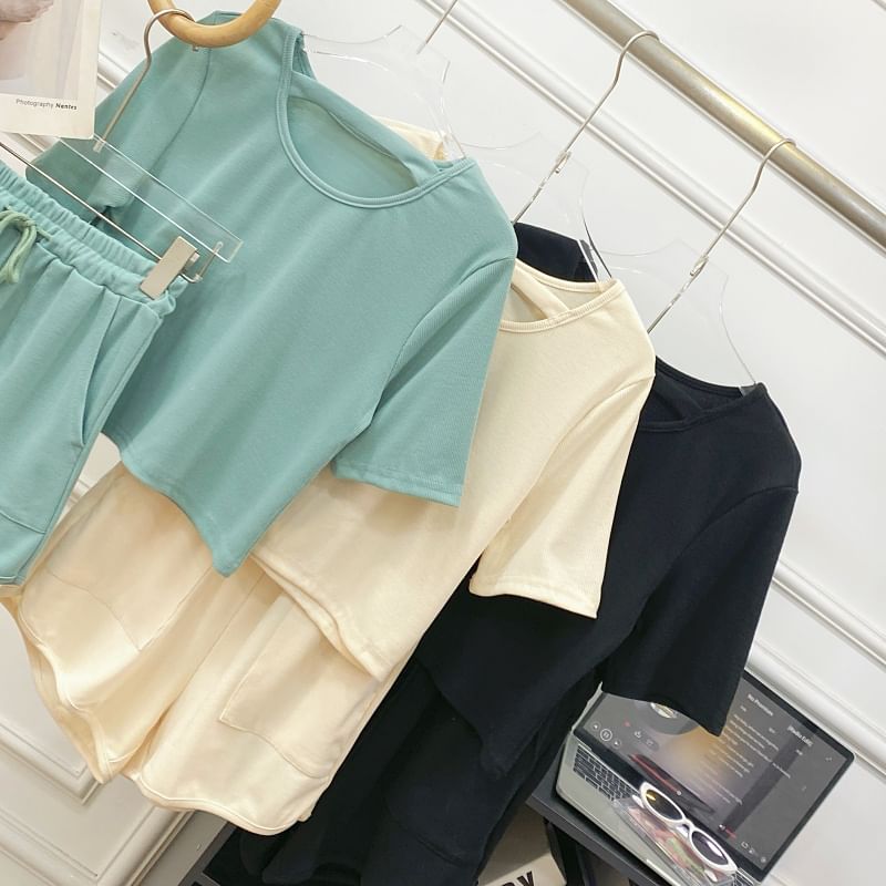 Solid Tee with Crew Neck, Short Sleeved, Drawstring Shorts Set