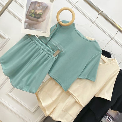 Solid Tee with Crew Neck, Short Sleeved, Drawstring Shorts Set