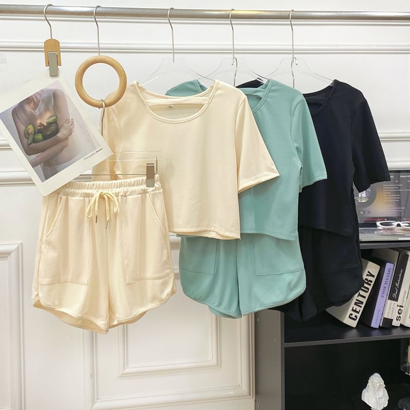 Solid Tee with Crew Neck, Short Sleeved, Drawstring Shorts Set