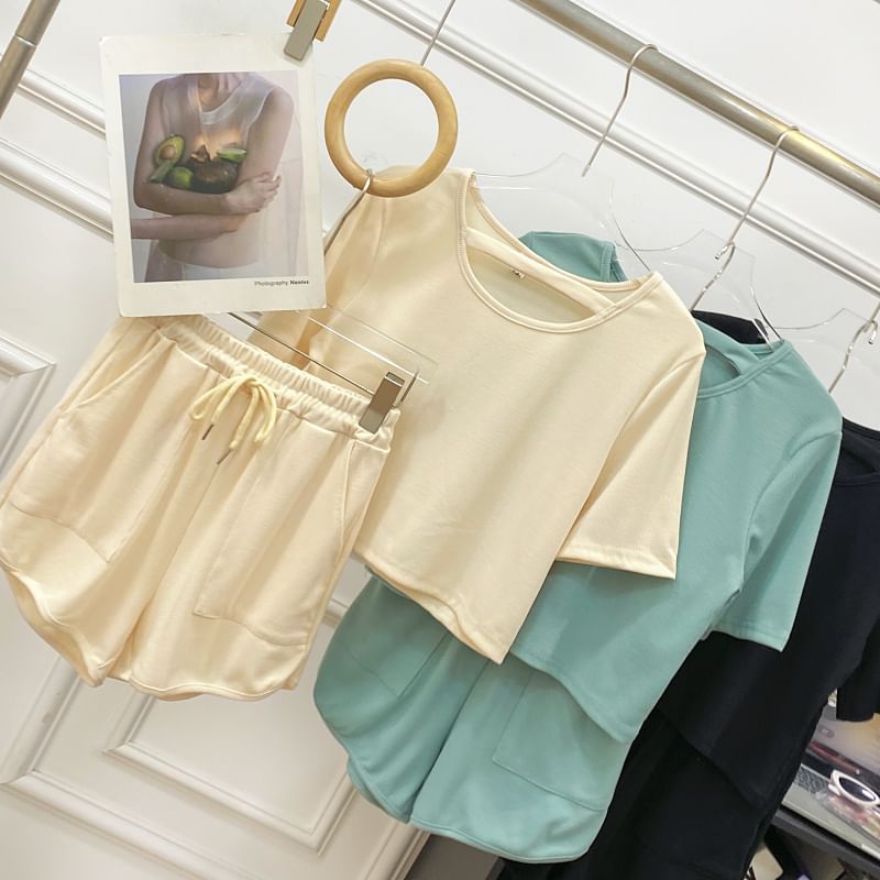 Solid Tee with Crew Neck, Short Sleeved, Drawstring Shorts Set