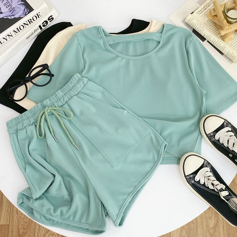 Solid Tee with Crew Neck, Short Sleeved, Drawstring Shorts Set