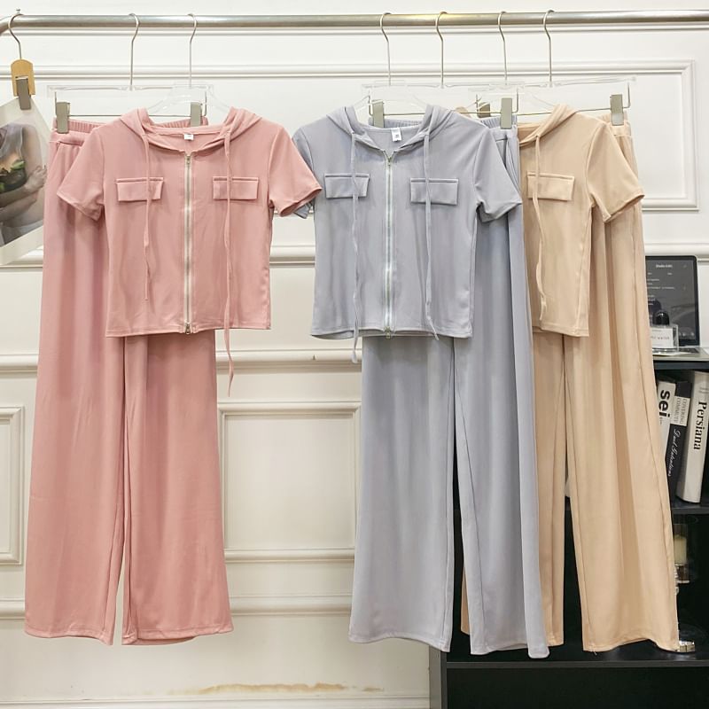 Two-Piece Hooded Zip Top and Wide-Leg High-Rise Trousers Set