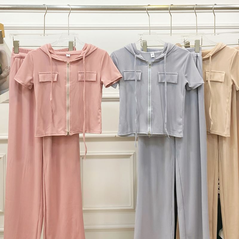 Two-Piece Hooded Zip Top and Wide-Leg High-Rise Trousers Set