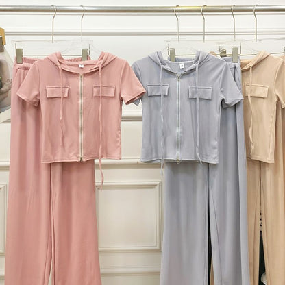 Two-Piece Hooded Zip Top and Wide-Leg High-Rise Trousers Set