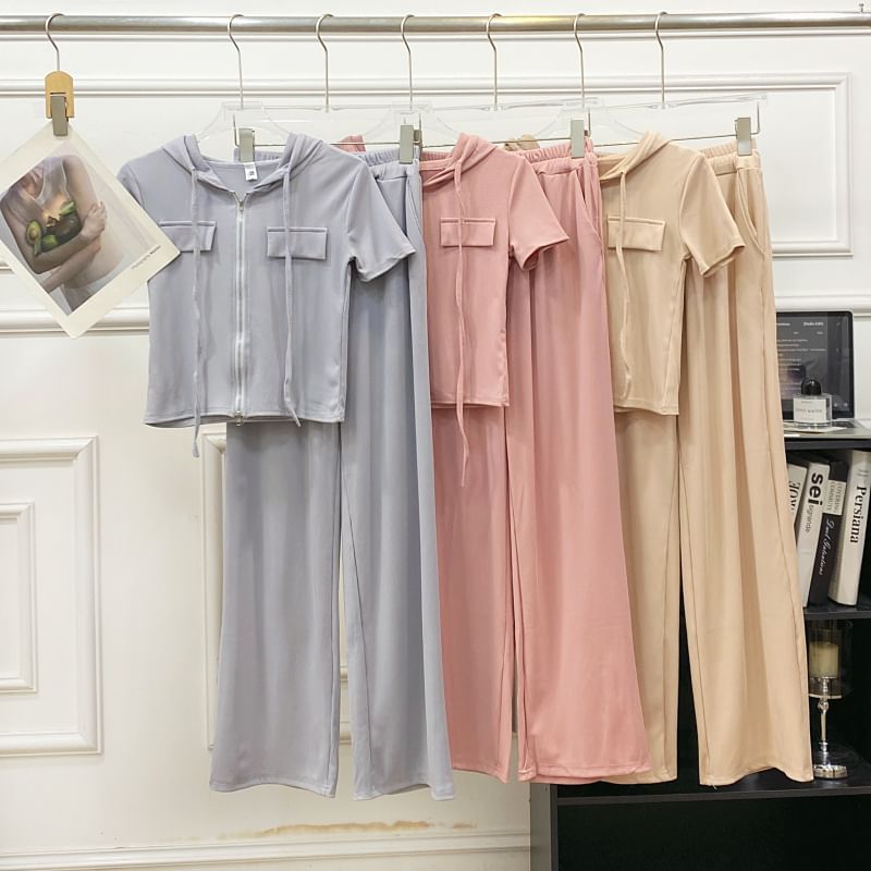 Two-Piece Hooded Zip Top and Wide-Leg High-Rise Trousers Set