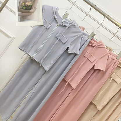 Two-Piece Hooded Zip Top and Wide-Leg High-Rise Trousers Set