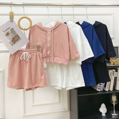Hooded Zip Top with Short Sleeved, Drawstring Shorts Set