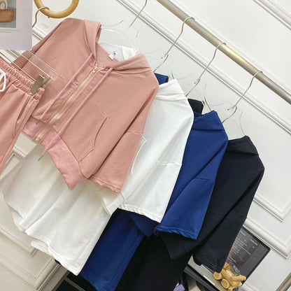 Hooded Zip Top with Short Sleeved, Drawstring Shorts Set