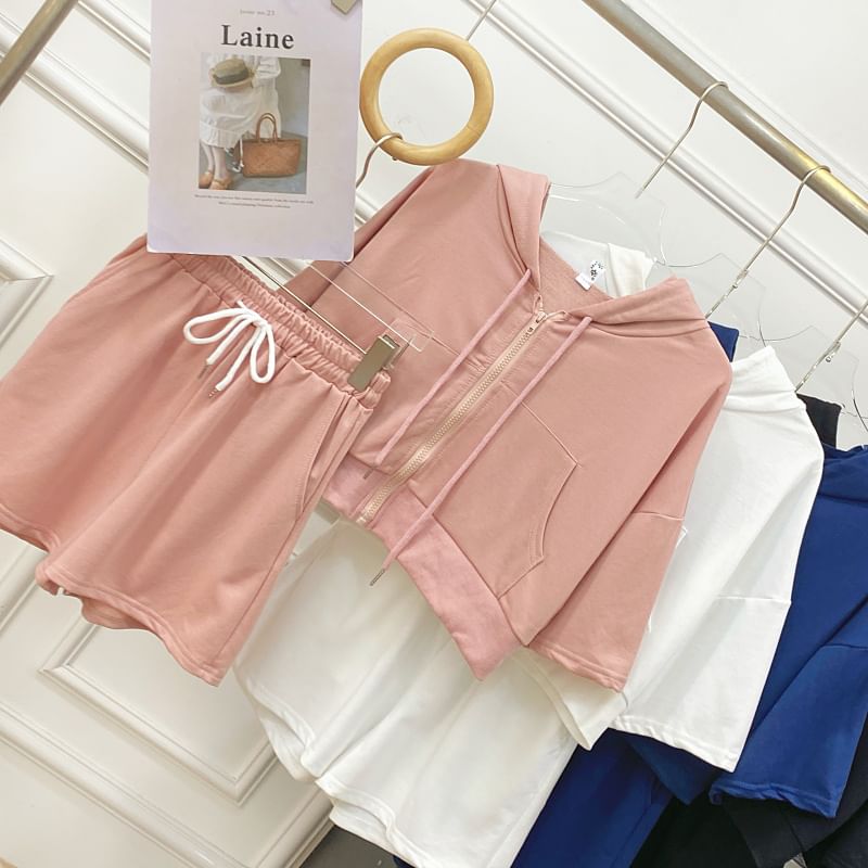 Hooded Zip Top with Short Sleeved, Drawstring Shorts Set