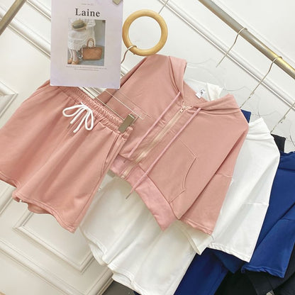 Hooded Zip Top with Short Sleeved, Drawstring Shorts Set