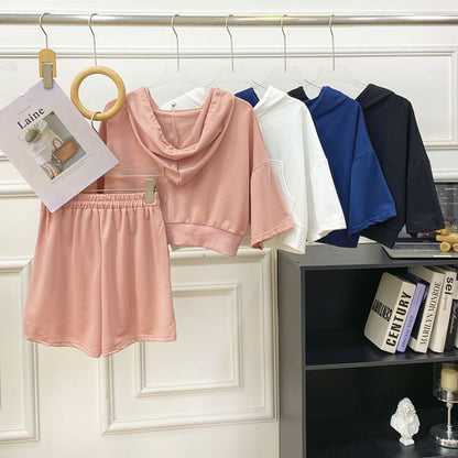 Hooded Zip Top with Short Sleeved, Drawstring Shorts Set
