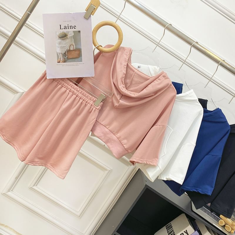Hooded Zip Top with Short Sleeved, Drawstring Shorts Set