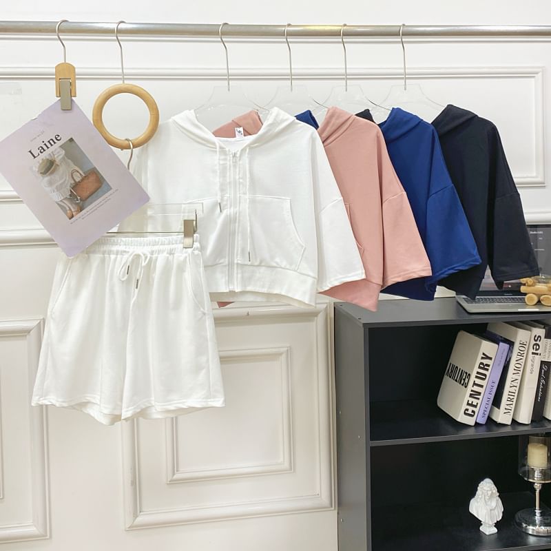 Hooded Zip Top with Short Sleeved, Drawstring Shorts Set