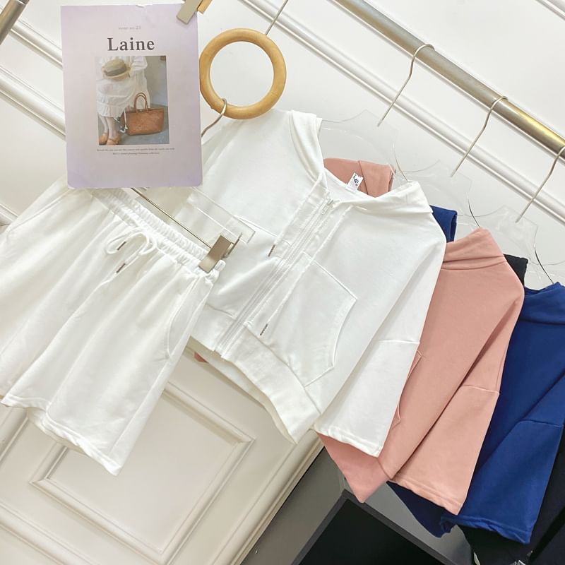 Hooded Zip Top with Short Sleeved, Drawstring Shorts Set