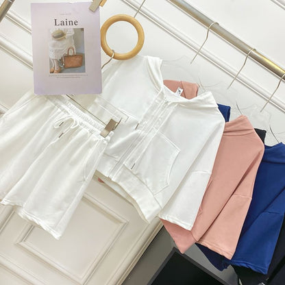 Hooded Zip Top with Short Sleeved, Drawstring Shorts Set