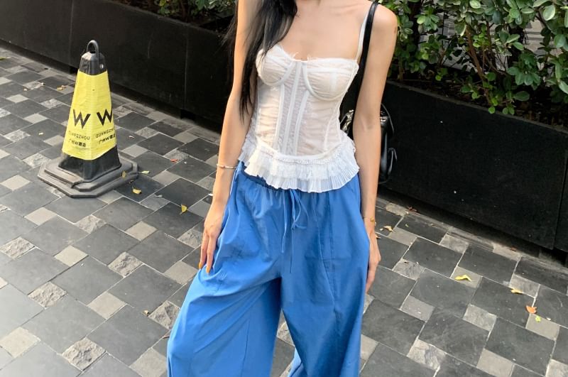 Corset Cami Top with Lace Panel, Ruffle Hem, Baggy Pants Set