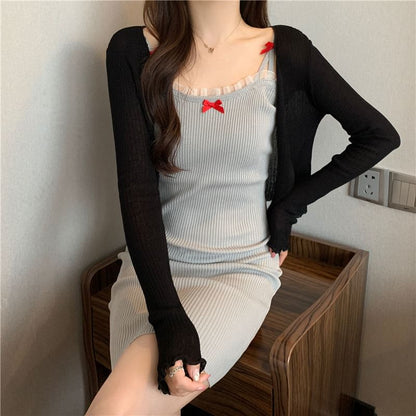 Lace Trim Spaghetti Strap Mini Dress and Cardigan
