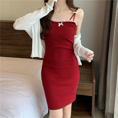 Lace Trim Spaghetti Strap Mini Dress and Cardigan
