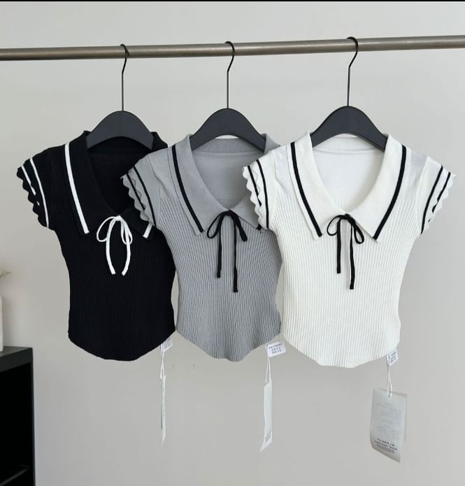 Knit Polo Top with Contrast Trim, Short Sleeved, Solid