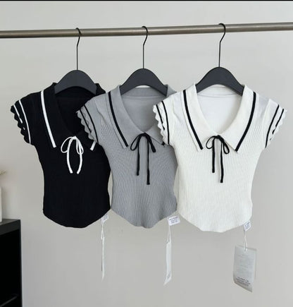 Knit Polo Top with Contrast Trim, Short Sleeved, Solid